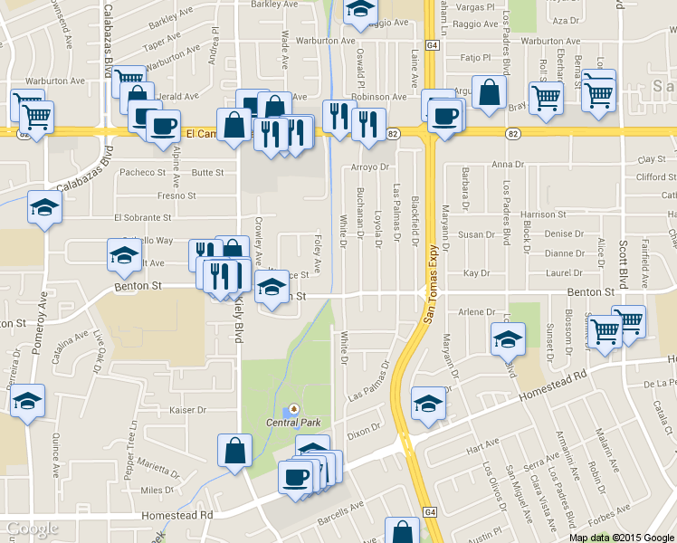 map of restaurants, bars, coffee shops, grocery stores, and more near 1138 White Drive in Santa Clara