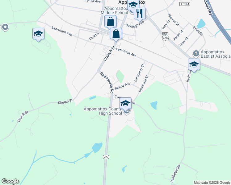 map of restaurants, bars, coffee shops, grocery stores, and more near 152 Booth Drive in Appomattox