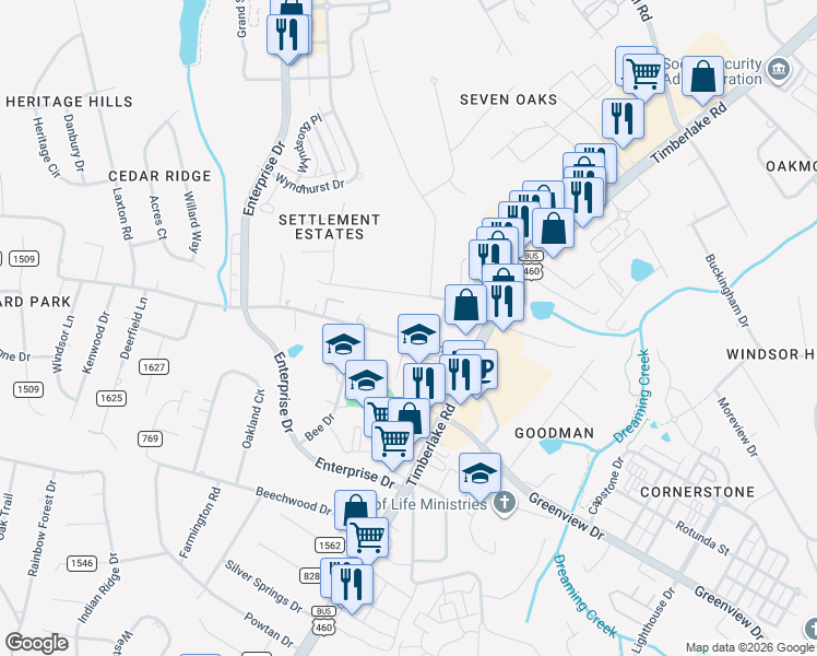map of restaurants, bars, coffee shops, grocery stores, and more near 155 Laxton Road in Lynchburg