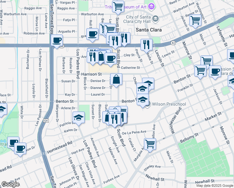 map of restaurants, bars, coffee shops, grocery stores, and more near 1169 Scott Boulevard in Santa Clara