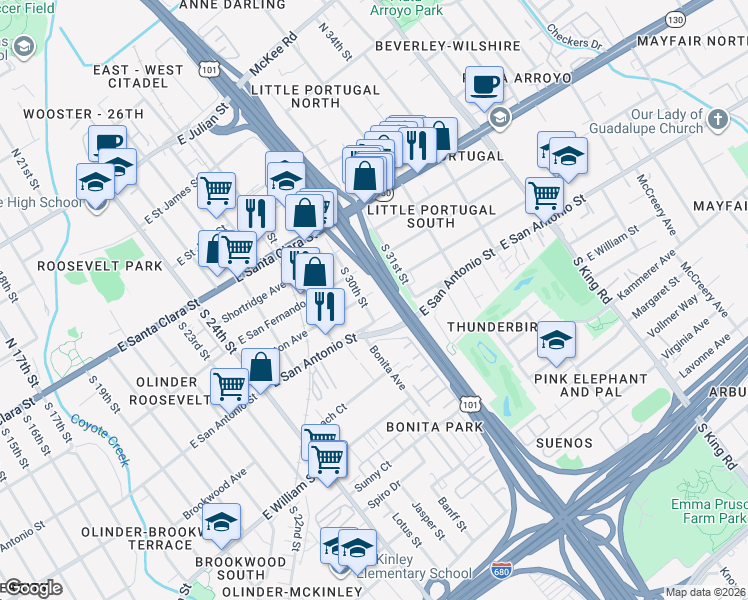 map of restaurants, bars, coffee shops, grocery stores, and more near 1458 Whitton Avenue in San Jose