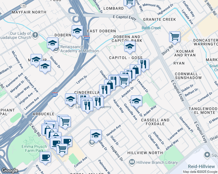 map of restaurants, bars, coffee shops, grocery stores, and more near 2241 Angie Avenue in San Jose