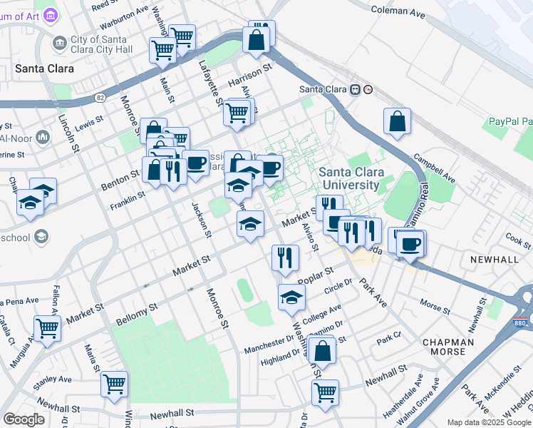 map of restaurants, bars, coffee shops, grocery stores, and more near 950 Santa Clara Street in Santa Clara
