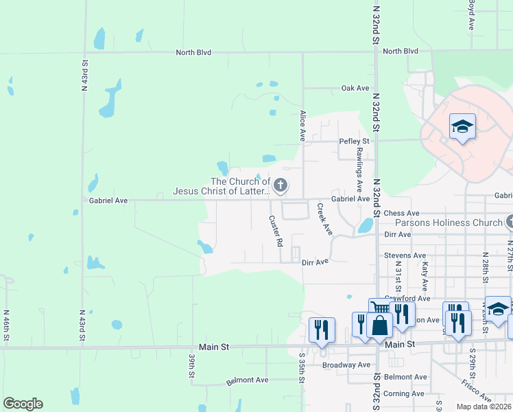 map of restaurants, bars, coffee shops, grocery stores, and more near 600-798 Quail Creek Road in Parsons