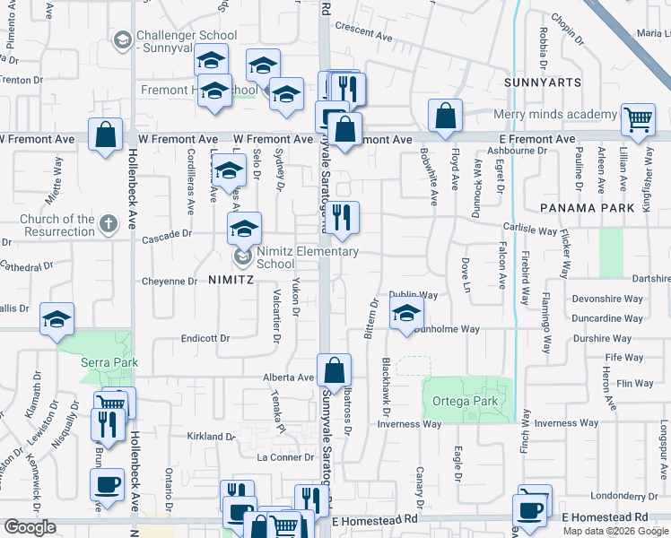 map of restaurants, bars, coffee shops, grocery stores, and more near 125 Connemara Way in Sunnyvale