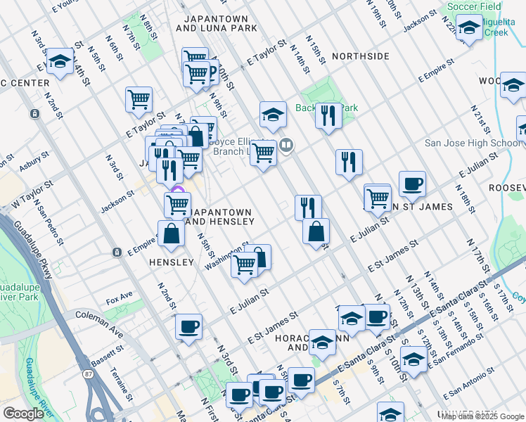 map of restaurants, bars, coffee shops, grocery stores, and more near 432 North 8th Street in San Jose