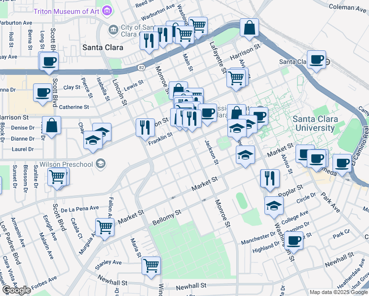 map of restaurants, bars, coffee shops, grocery stores, and more near 1370 Homestead Road in Santa Clara