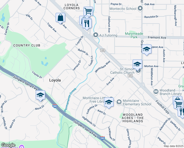 map of restaurants, bars, coffee shops, grocery stores, and more near 1316 Montclaire Way in Los Altos