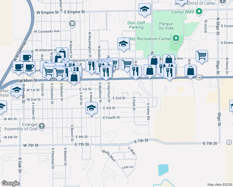 map of restaurants, bars, coffee shops, grocery stores, and more near TBD East Main Street in Cortez