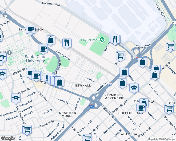 map of restaurants, bars, coffee shops, grocery stores, and more near 1399 De Altura Common in San Jose