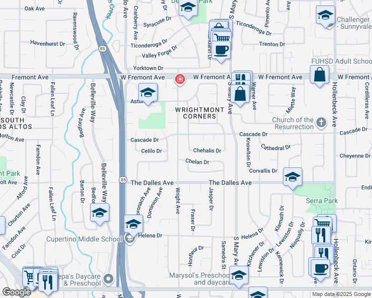 map of restaurants, bars, coffee shops, grocery stores, and more near 1425 Franchere Place in Sunnyvale