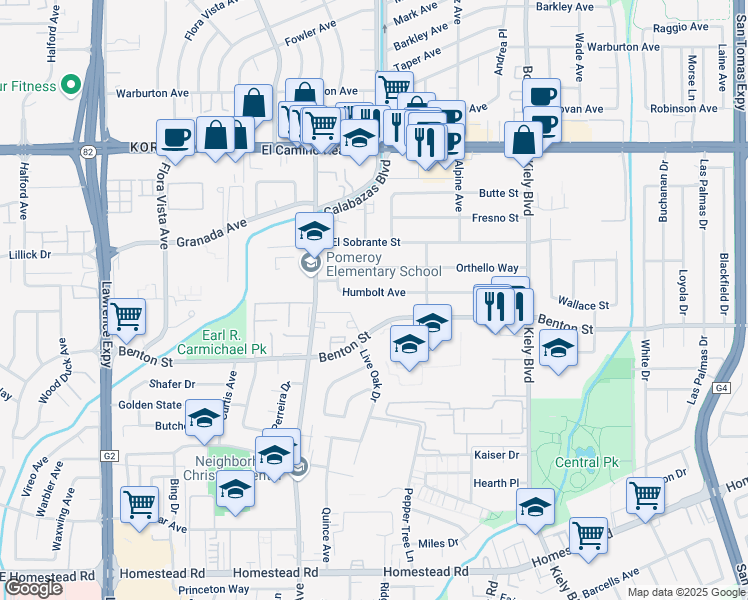 map of restaurants, bars, coffee shops, grocery stores, and more near 3190 Humbolt Avenue in Santa Clara