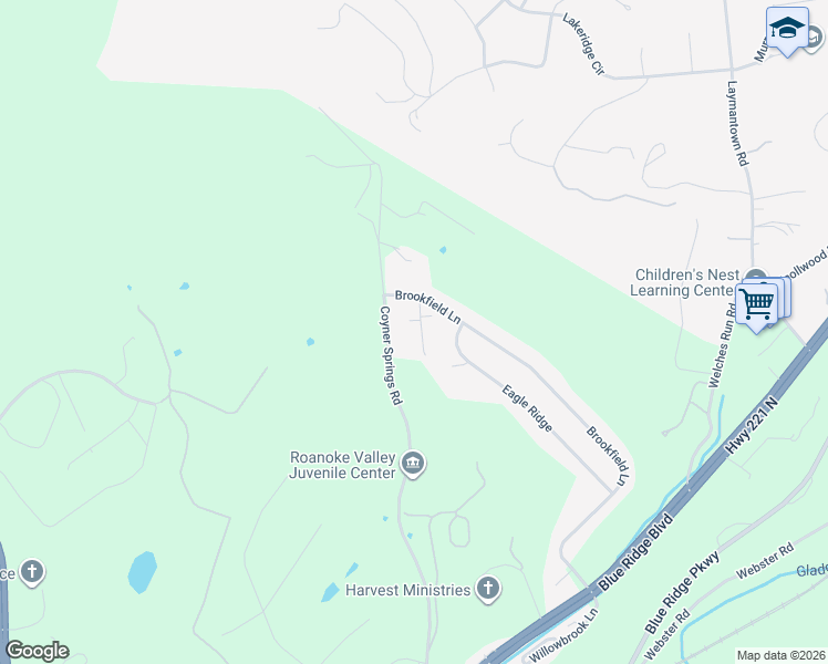 map of restaurants, bars, coffee shops, grocery stores, and more near 76 Fieldcrest Lane in Roanoke