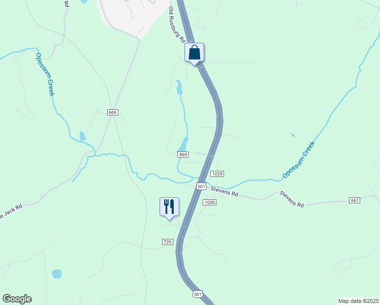 map of restaurants, bars, coffee shops, grocery stores, and more near County Road 869 in Lynchburg