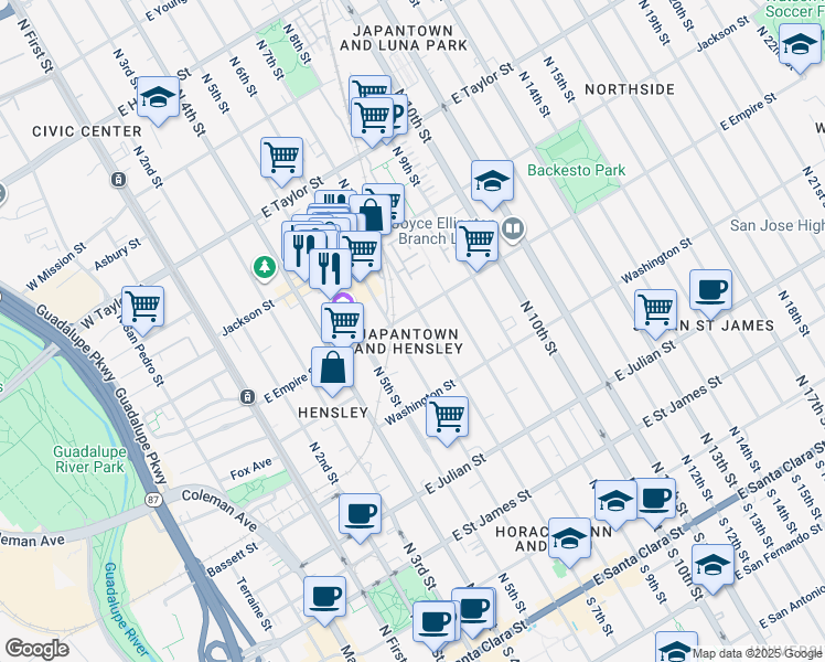 map of restaurants, bars, coffee shops, grocery stores, and more near 488 North 6th Street in San Jose