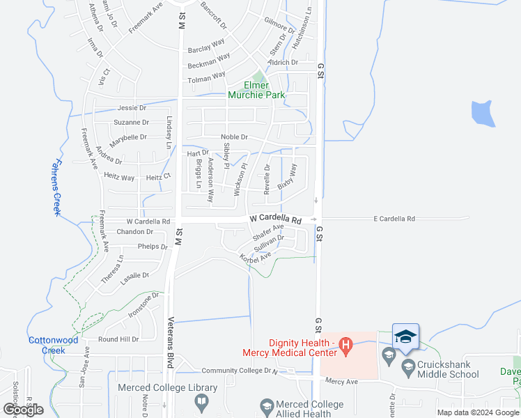 map of restaurants, bars, coffee shops, grocery stores, and more near 4308 Strathmore Place in Merced