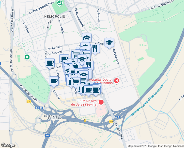 map of restaurants, bars, coffee shops, grocery stores, and more near Avenida de Jerez in Sevilla