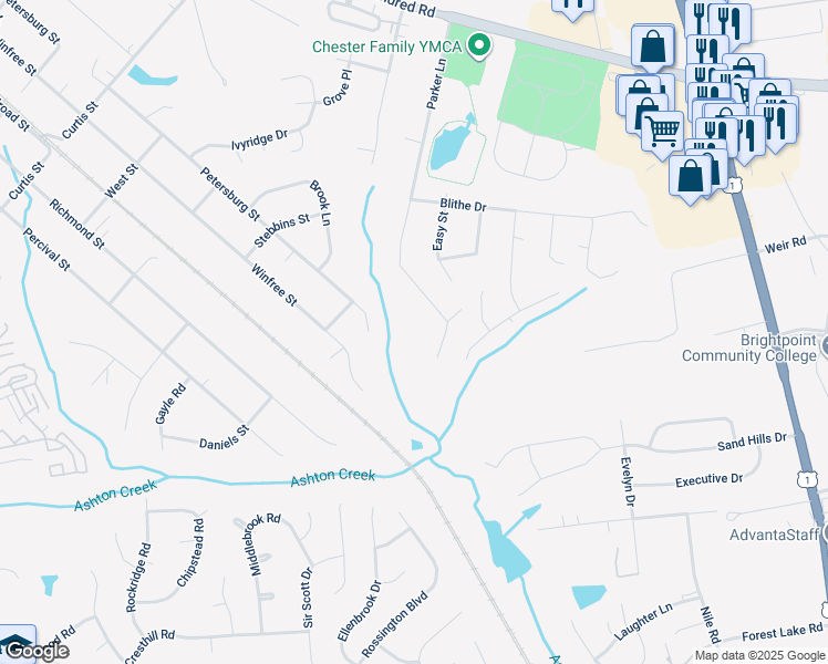 map of restaurants, bars, coffee shops, grocery stores, and more near 12630 Parker Lane in Chester