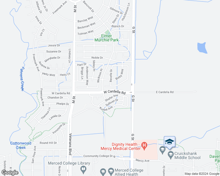 map of restaurants, bars, coffee shops, grocery stores, and more near 4312 Strathmore Place in Merced