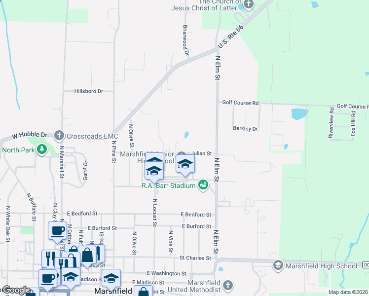 map of restaurants, bars, coffee shops, grocery stores, and more near 759 Julian St in Marshfield