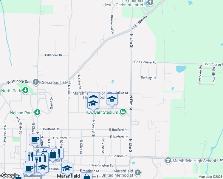map of restaurants, bars, coffee shops, grocery stores, and more near 759 Julian St in Marshfield