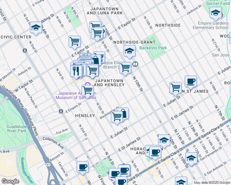 map of restaurants, bars, coffee shops, grocery stores, and more near 462 N 7th St in San Jose
