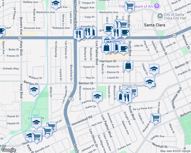 map of restaurants, bars, coffee shops, grocery stores, and more near 1140 Los Padres Boulevard in Santa Clara