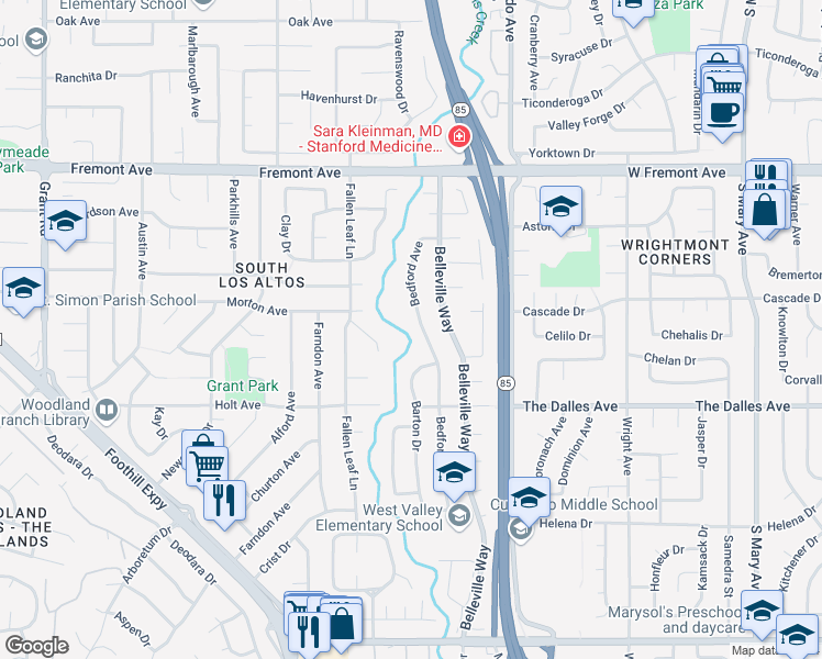 map of restaurants, bars, coffee shops, grocery stores, and more near 1413 Bedford Avenue in Sunnyvale