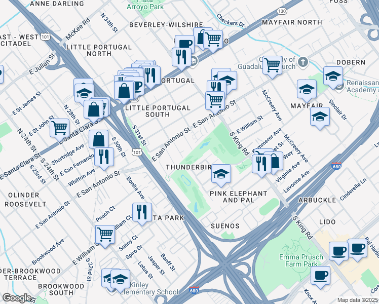 map of restaurants, bars, coffee shops, grocery stores, and more near 248 South 33rd Street in San Jose