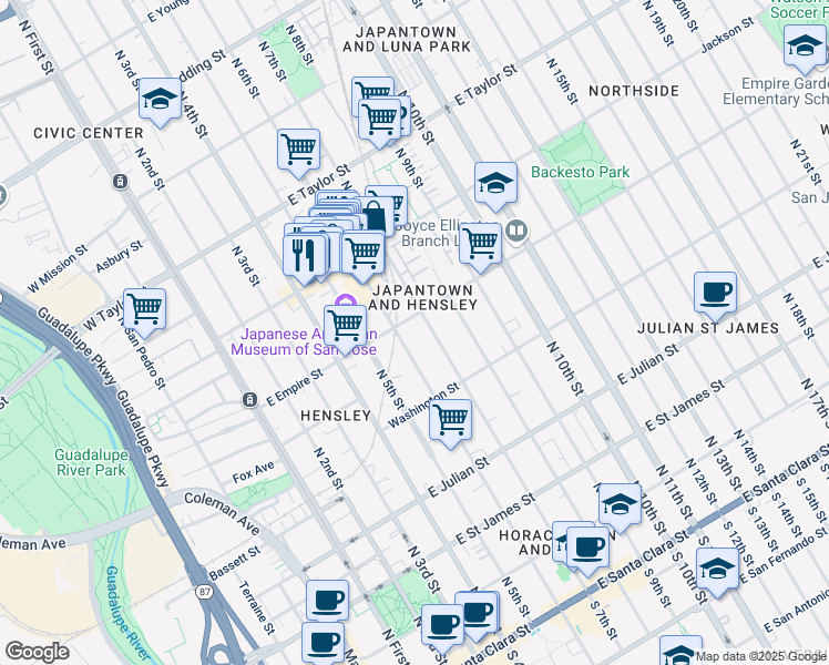 map of restaurants, bars, coffee shops, grocery stores, and more near 488 North 6th Street in San Jose