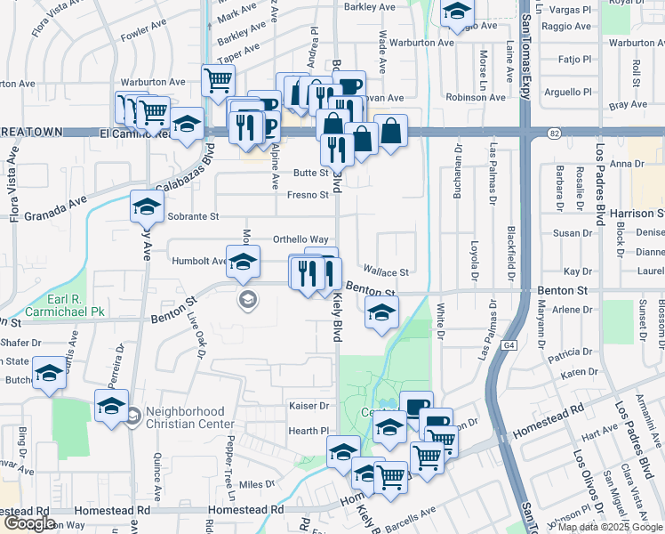 map of restaurants, bars, coffee shops, grocery stores, and more near 2841 Benton Street in Santa Clara
