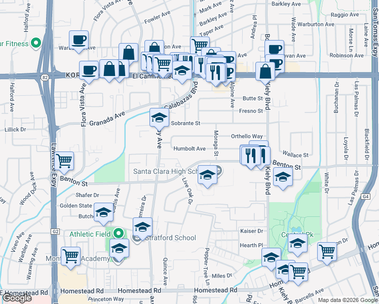 map of restaurants, bars, coffee shops, grocery stores, and more near 3190 Humbolt Avenue in Santa Clara