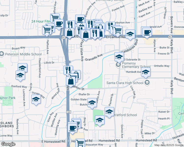 map of restaurants, bars, coffee shops, grocery stores, and more near 3770 Flora Vista Avenue in Santa Clara