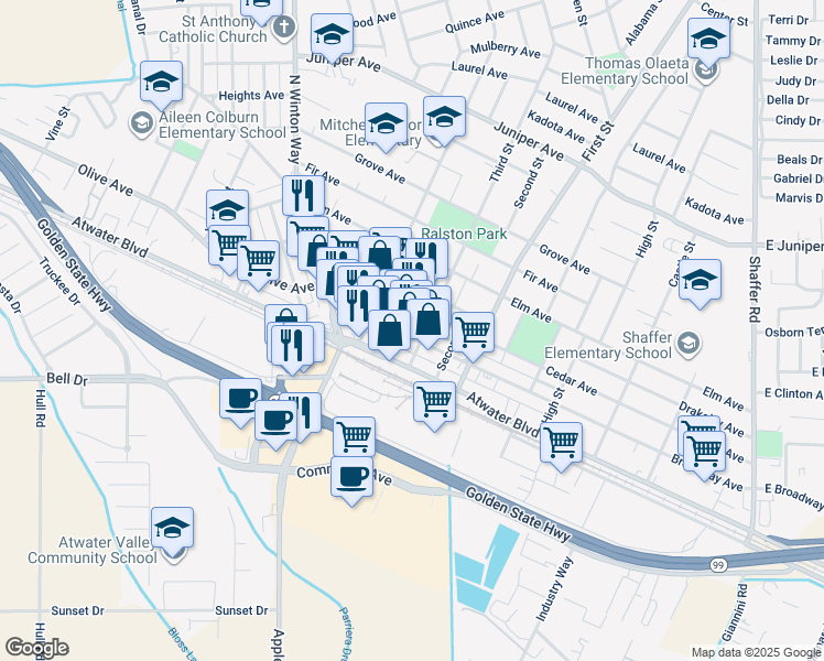 map of restaurants, bars, coffee shops, grocery stores, and more near in Atwater