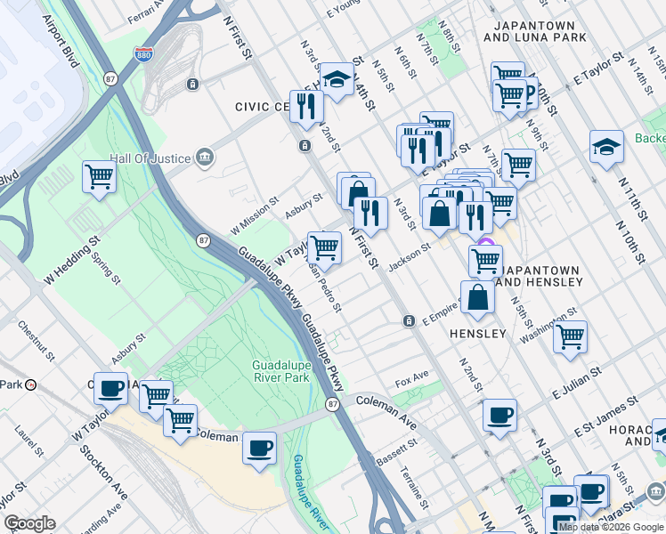 map of restaurants, bars, coffee shops, grocery stores, and more near 90 George Street in San Jose