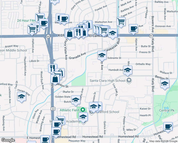 map of restaurants, bars, coffee shops, grocery stores, and more near 1126 Pomeroy Avenue in Santa Clara