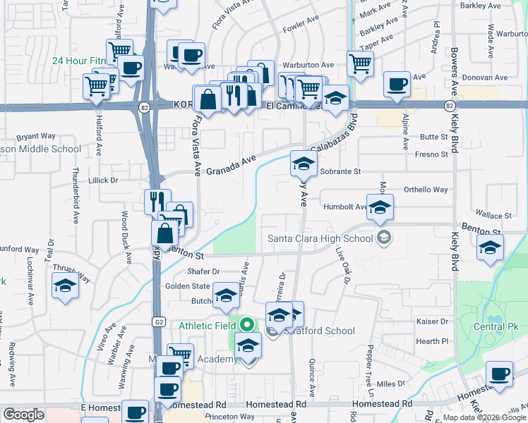map of restaurants, bars, coffee shops, grocery stores, and more near 1126 Pomeroy Avenue in Santa Clara