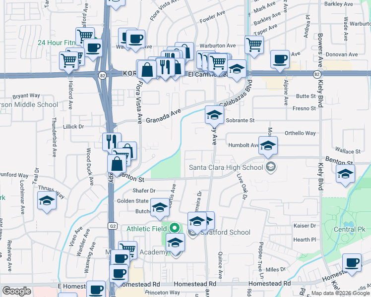map of restaurants, bars, coffee shops, grocery stores, and more near 1126 Pomeroy Avenue in Santa Clara