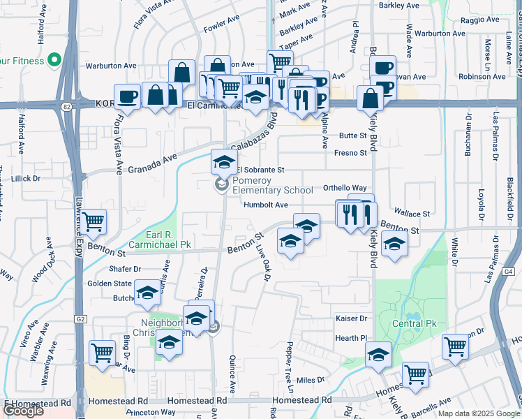 map of restaurants, bars, coffee shops, grocery stores, and more near 3190 Humbolt Avenue in Santa Clara