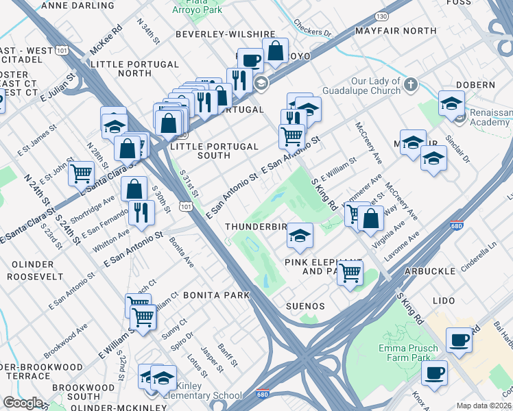 map of restaurants, bars, coffee shops, grocery stores, and more near 248 South 33rd Street in San Jose