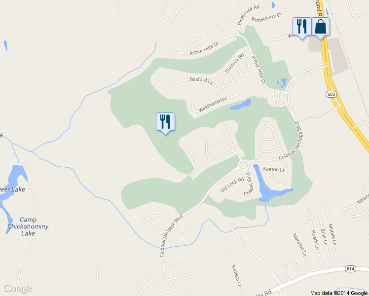 map of restaurants, bars, coffee shops, grocery stores, and more near 6935 Chancery Lane in Williamsburg