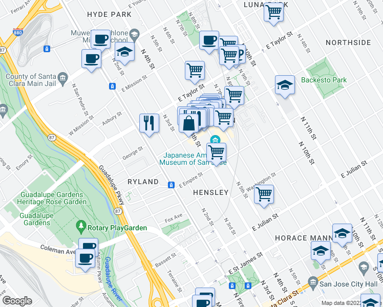 map of restaurants, bars, coffee shops, grocery stores, and more near 558 North 3rd Street in San Jose