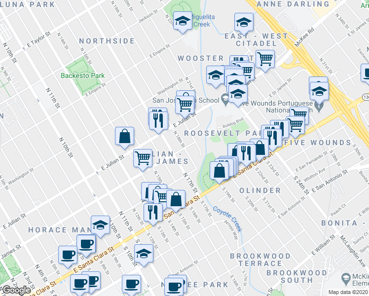 map of restaurants, bars, coffee shops, grocery stores, and more near E St James St & N 18th St in San Jose