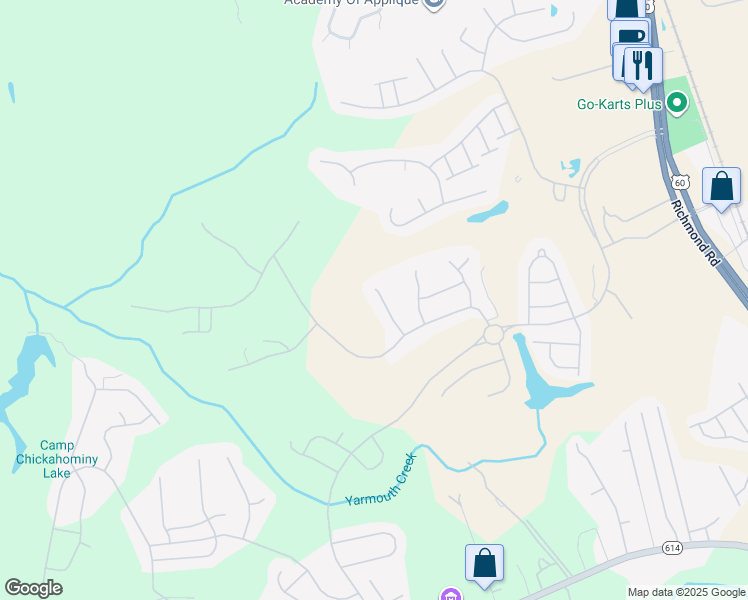 map of restaurants, bars, coffee shops, grocery stores, and more near 6935 Chancery Lane in Williamsburg