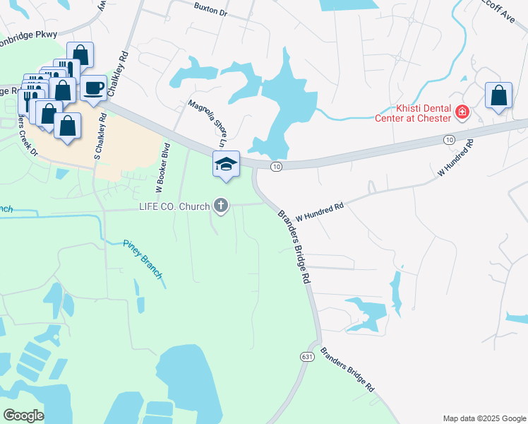 map of restaurants, bars, coffee shops, grocery stores, and more near 12504 Branders Bridge Road in Chester