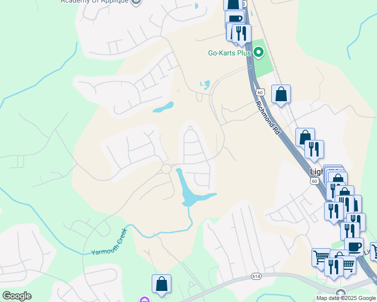 map of restaurants, bars, coffee shops, grocery stores, and more near 4336 Audley Green Terrace in Williamsburg
