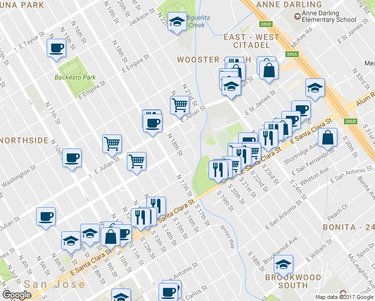 map of restaurants, bars, coffee shops, grocery stores, and more near 878 E St James St in San Jose