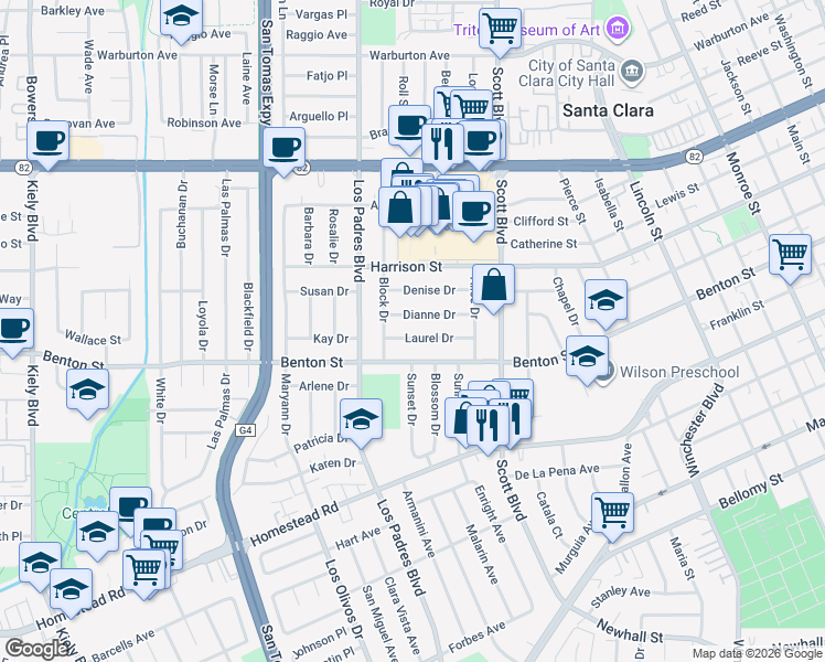 map of restaurants, bars, coffee shops, grocery stores, and more near 2268 Laurel Drive in Santa Clara