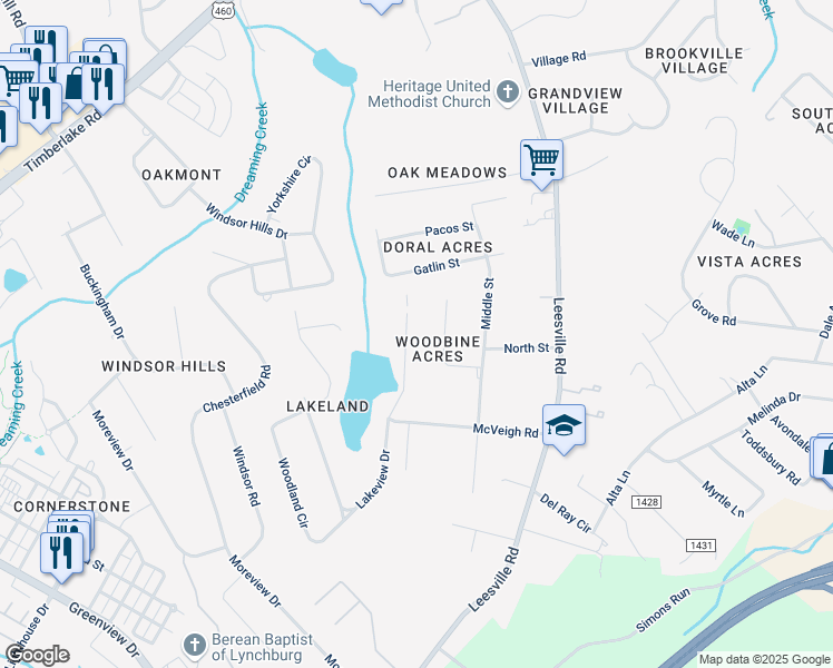 map of restaurants, bars, coffee shops, grocery stores, and more near 1006 Lakeview Drive in Lynchburg