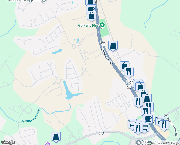 map of restaurants, bars, coffee shops, grocery stores, and more near 6572 Wiltshire Rd in Williamsburg